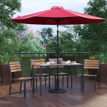 Flash Furniture Faux Teak 30x48 Table-Red Umbrella-Base-4 Chairs XU-DG-304860364-UB19BRD-GG